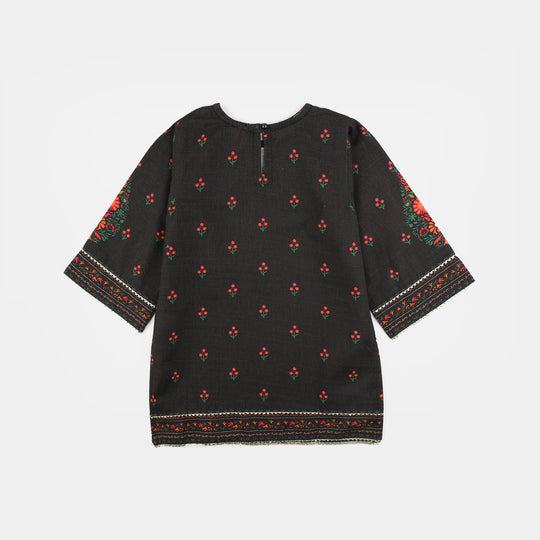 Girls Cotton Slub printed Kurti Red Motif-BLACK