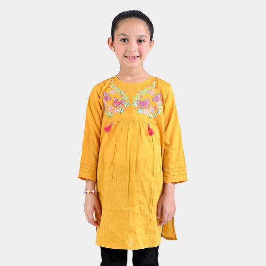 Girls Dobby EMB Kurti Magical Garden-Mustard