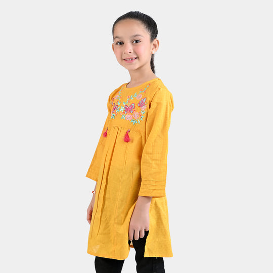 Girls Dobby EMB Kurti Magical Garden-Mustard