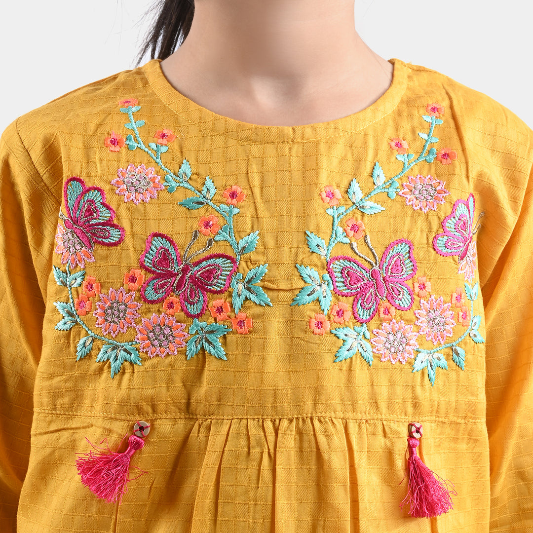 Girls Dobby EMB Kurti Magical Garden-Mustard