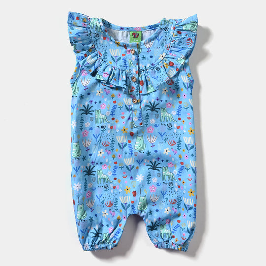 Infant Girls Cotton Romper Cat & Flower-LT.Blue