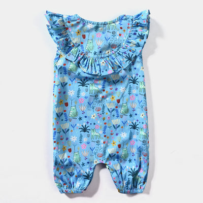 Infant Girls Cotton Romper Cat & Flower-LT.Blue