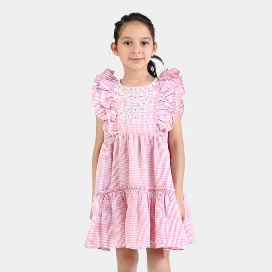 Girls Poly Cotton EMB Casual Frock Daisy-Pink