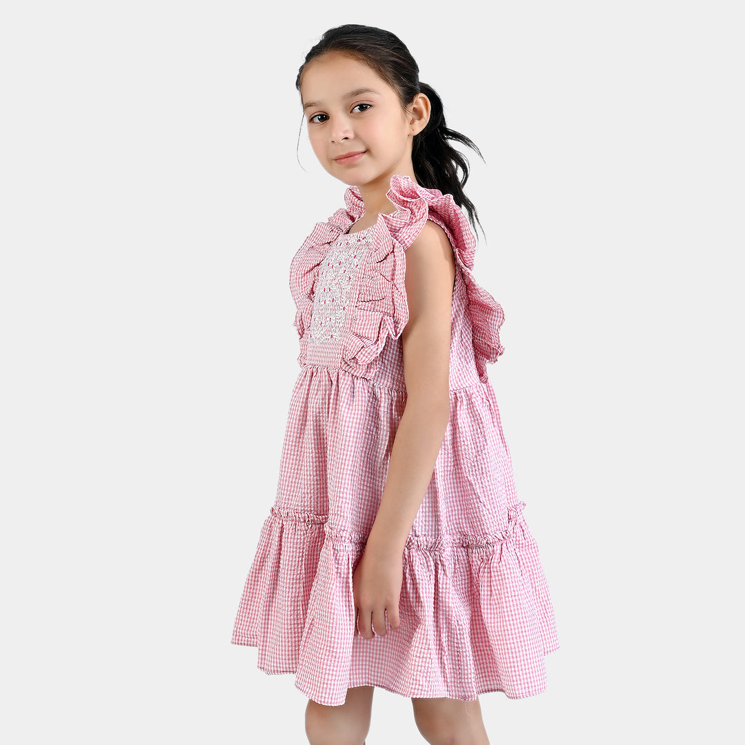 Girls Poly Cotton EMB Casual Frock Daisy-Pink