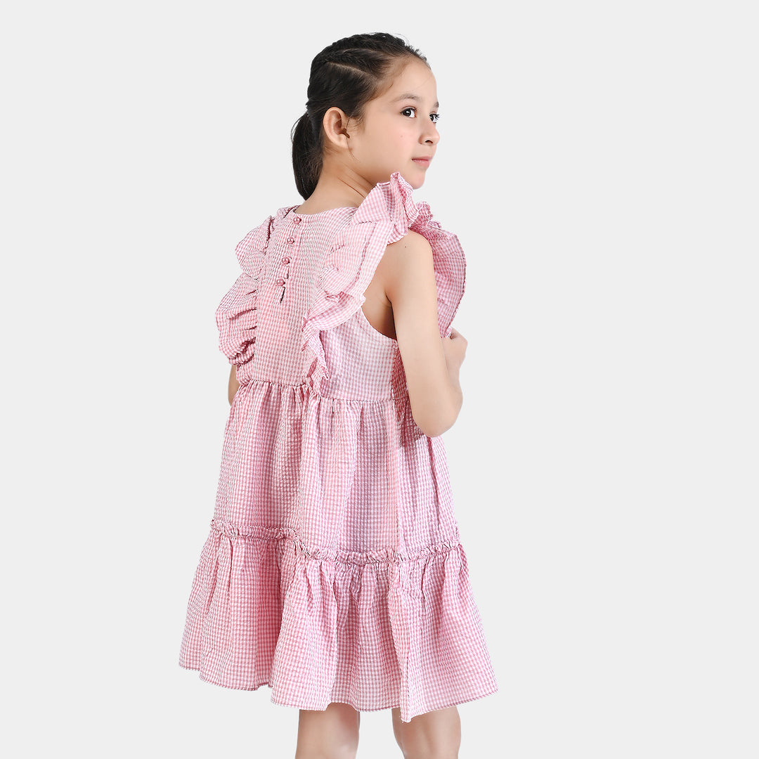 Girls Poly Cotton EMB Casual Frock Daisy-Pink