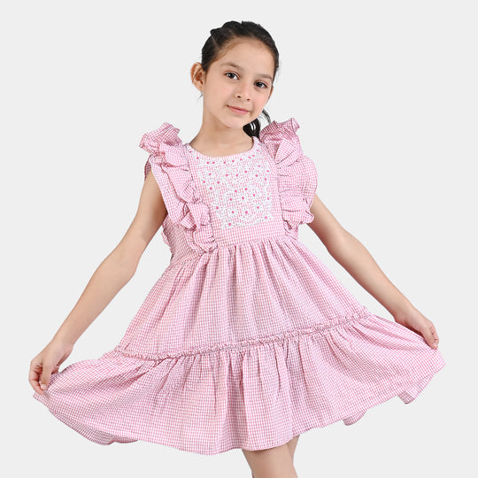 Girls Poly Cotton EMB Casual Frock Daisy-Pink