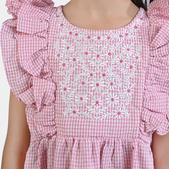 Girls Poly Cotton EMB Casual Frock Daisy-Pink