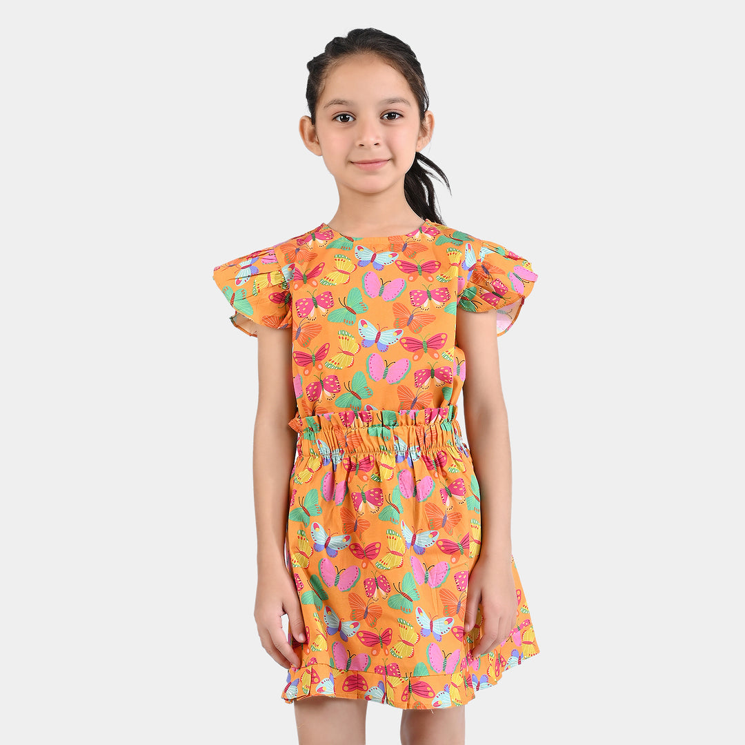 Girls Cotton Poplin 2PC Suit Butterfly-ORANGE