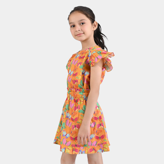 Girls Cotton Poplin 2PC Suit Butterfly-ORANGE