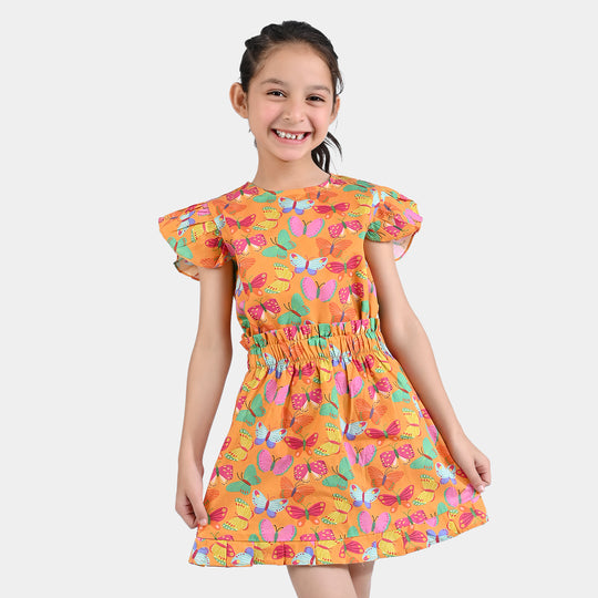 Girls Cotton Poplin 2PC Suit Butterfly-ORANGE