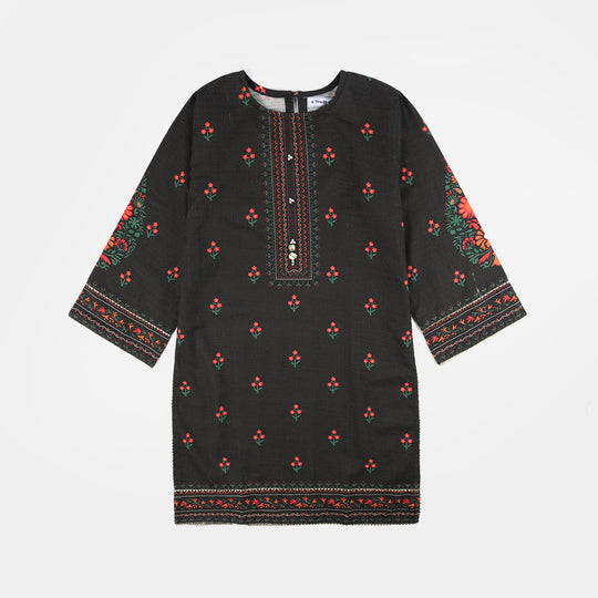 Teens Girls Cotton Slub printed Kurti Red Motif-BLACK