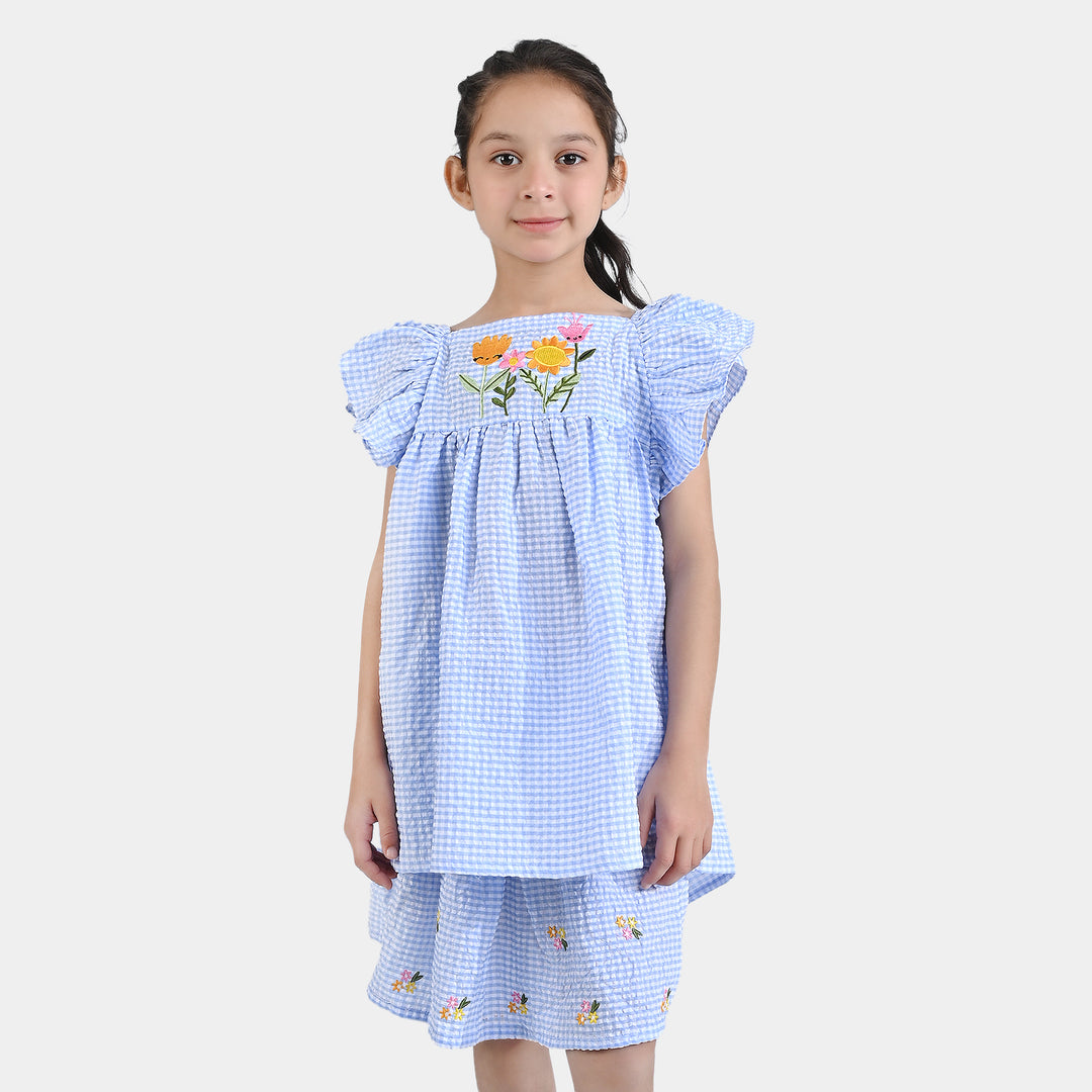 Girls Poly Cotton Seer Sucker Flower EMB 2 PC Suit-LT.Blue