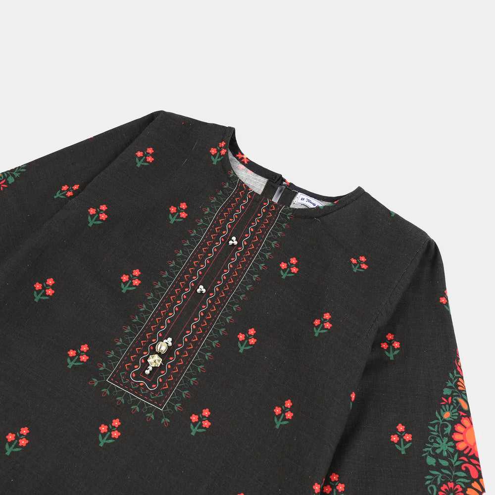 Teens Girls Cotton Slub printed Kurti Red Motif-BLACK