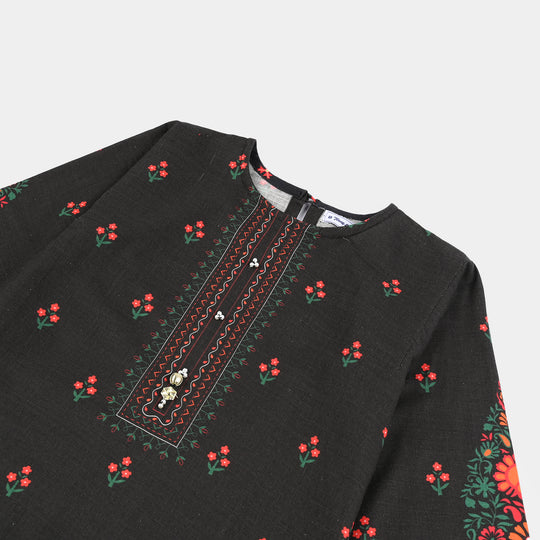 Teens Girls Cotton Slub printed Kurti Red Motif-BLACK
