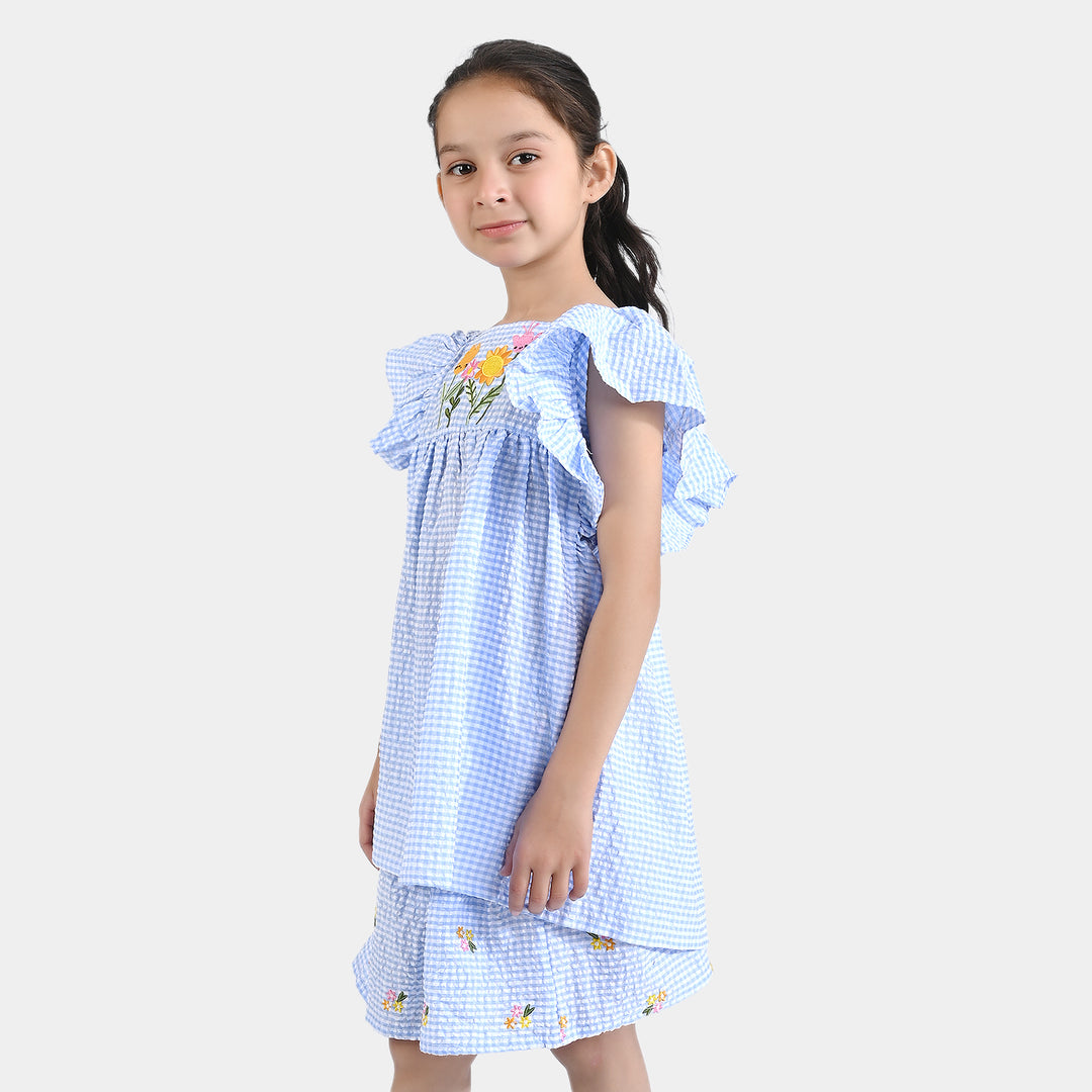 Girls Poly Cotton Seer Sucker Flower EMB 2 PC Suit-LT.Blue