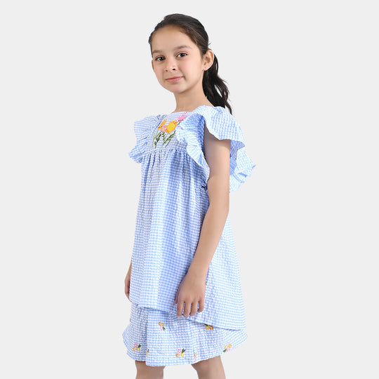 Girls Poly Cotton Seer Sucker Flower EMB 2 PC Suit-LT.Blue