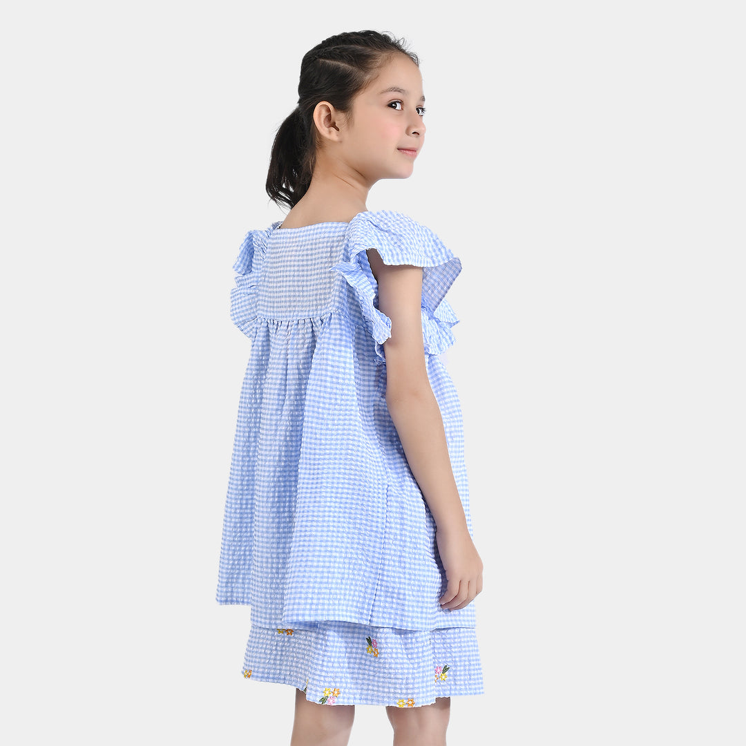 Girls Poly Cotton Seer Sucker Flower EMB 2 PC Suit-LT.Blue