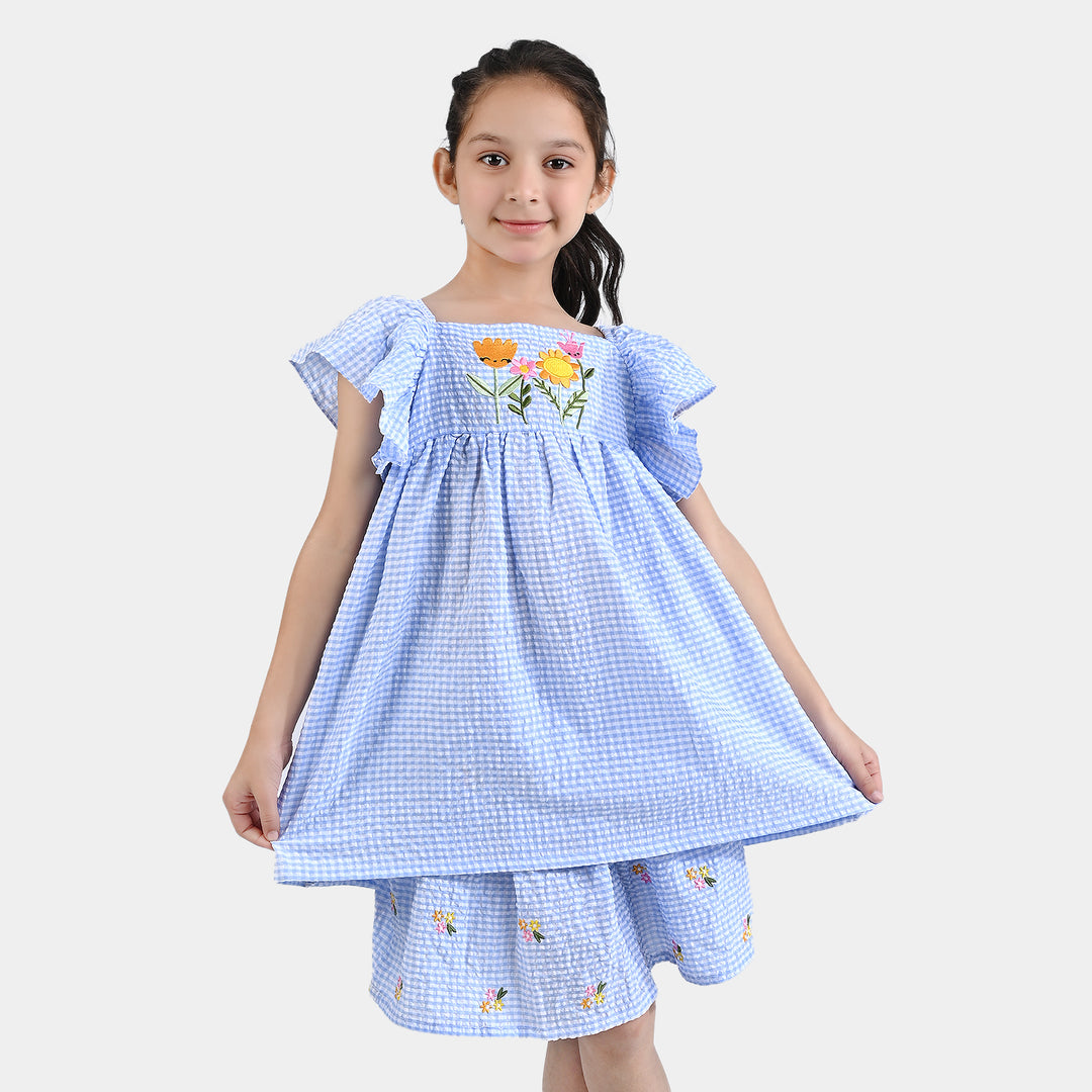 Girls Poly Cotton Seer Sucker Flower EMB 2 PC Suit-LT.Blue