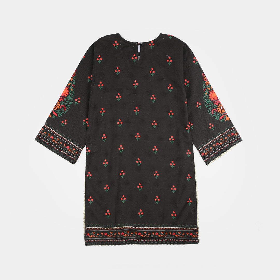 Teens Girls Cotton Slub printed Kurti Red Motif-BLACK