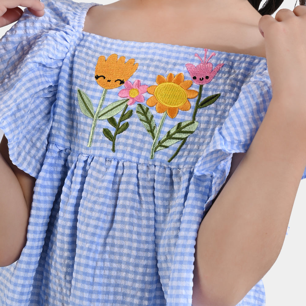 Girls Poly Cotton Seer Sucker Flower EMB 2 PC Suit-LT.Blue