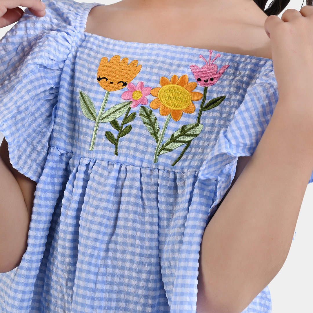 Girls Poly Cotton Seer Sucker Flower EMB 2 PC Suit-LT.Blue