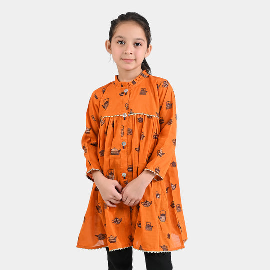 Girls Jacquard Long Kurti Kettles-Rust