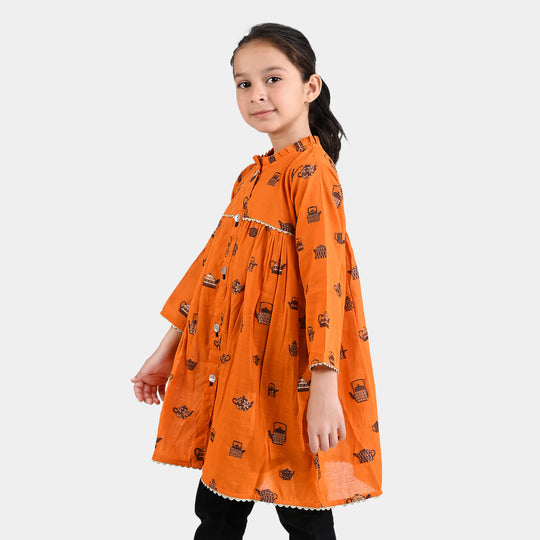 Girls Jacquard Long Kurti Kettles-Rust