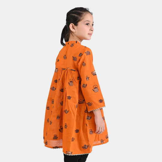 Girls Jacquard Long Kurti Kettles-Rust