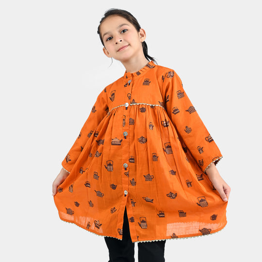 Girls Jacquard Long Kurti Kettles-Rust