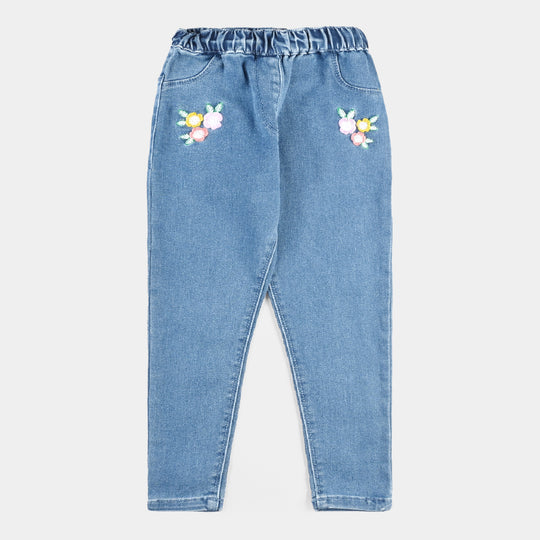 Girls Denim Stretch Jeggings Flower-Mid Blue