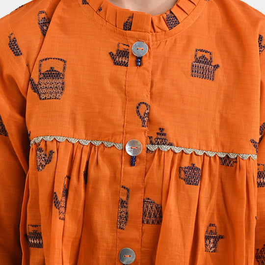 Girls Jacquard Long Kurti Kettles-Rust