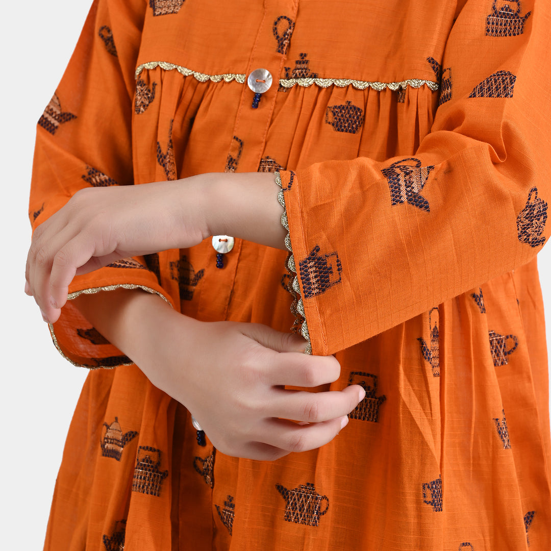 Girls Jacquard Long Kurti Kettles-Rust