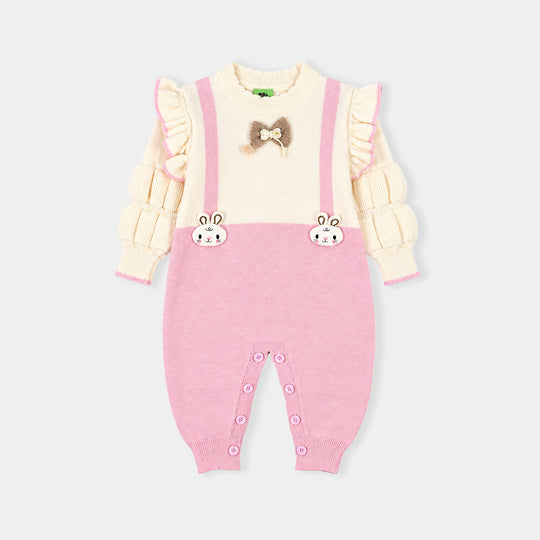 Infant Girls Acrylic Romper-Bunny Bow-Pink