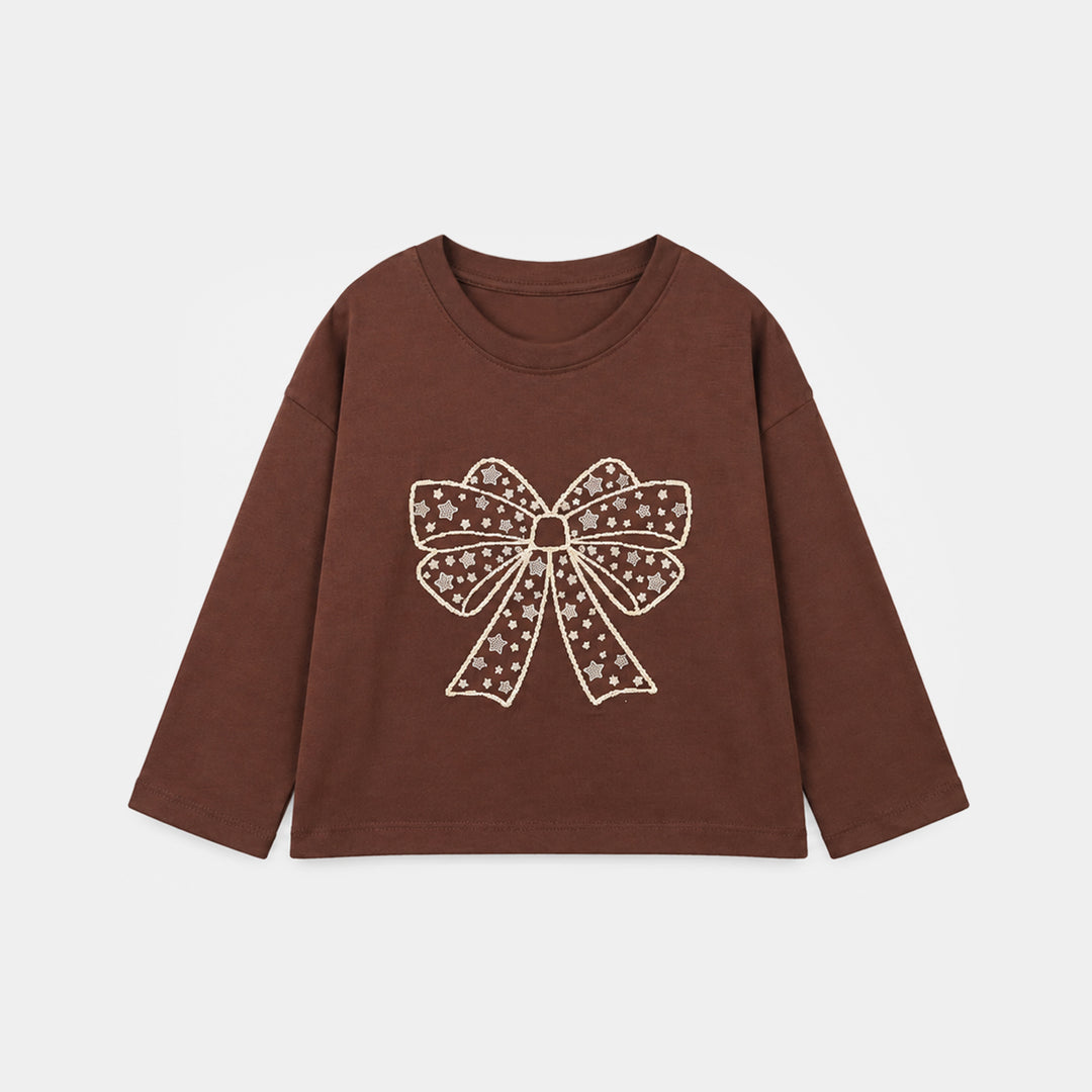 Girls Cotton Jersey T-Shirt Full Sleeves Bow - Deep Mehendi