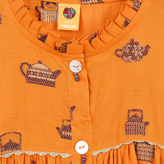 Girls Jacquard Long Kurti Kettles-Rust