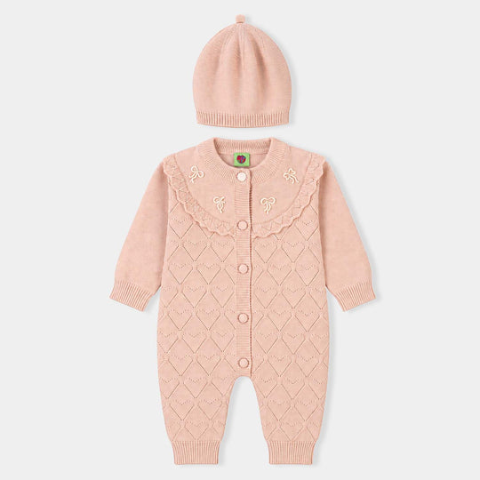 Infant Girls Acrylic Romper-Diamond Knit-BEIGE