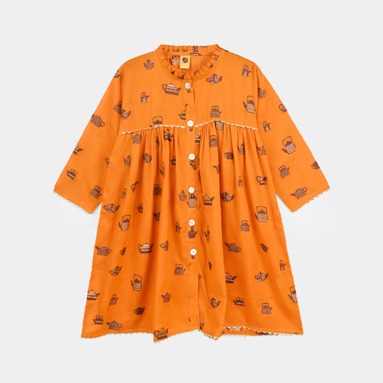 Girls Jacquard Long Kurti Kettles-Rust