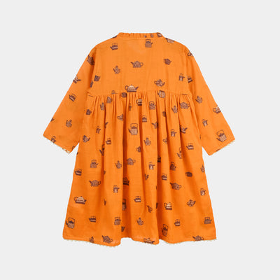 Girls Jacquard Long Kurti Kettles-Rust