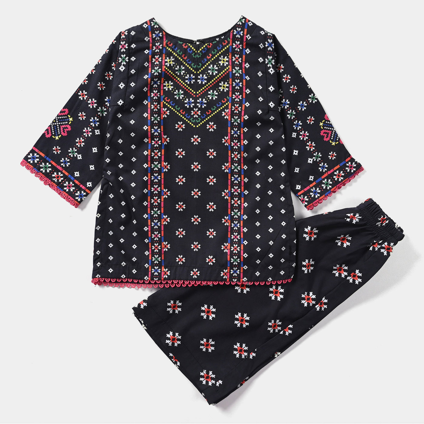 Infant Girls Cotton Poplin Printed 2PC Suit Color Pixels-BLACK