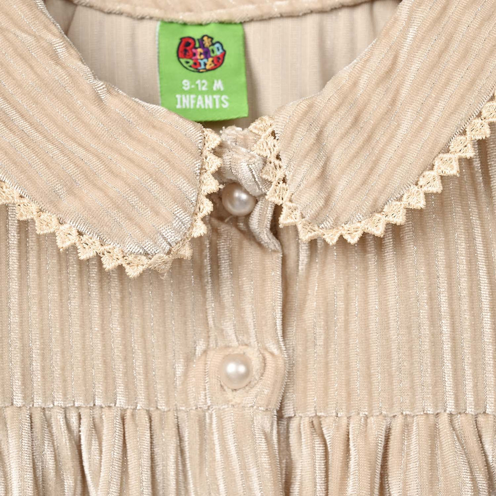 Infant Girls Velvet Casual Top Silver Stripes-BEIGE