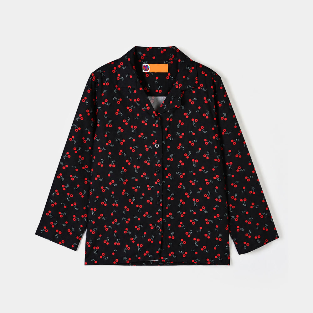 Girls Linen Viscose Nightwear-Cherry-BLACK