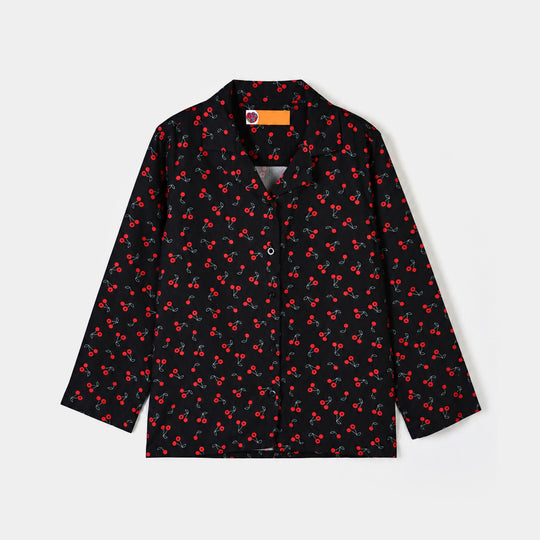 Girls Linen Viscose Nightwear-Cherry-BLACK