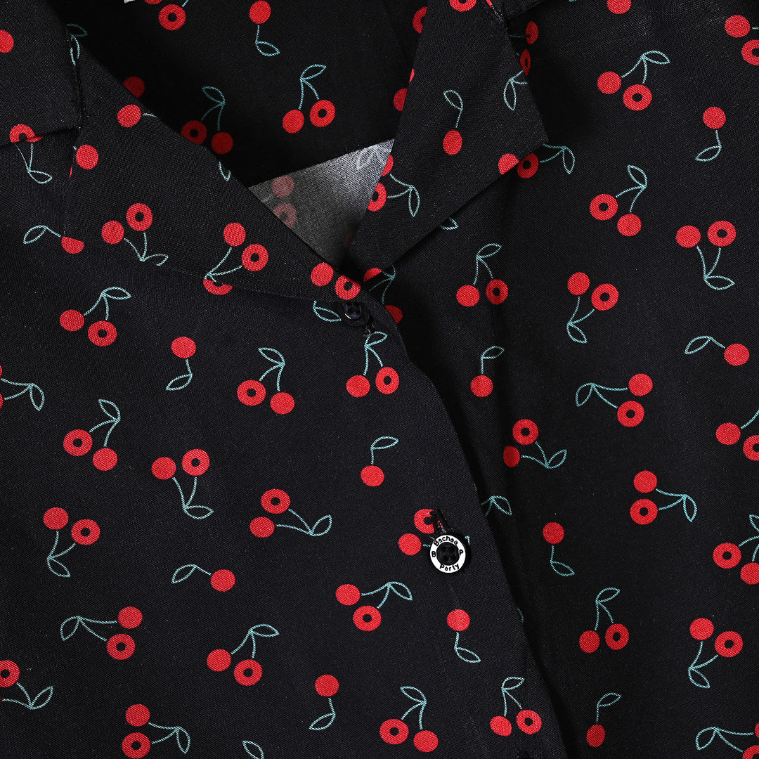Girls Linen Viscose Nightwear-Cherry-BLACK