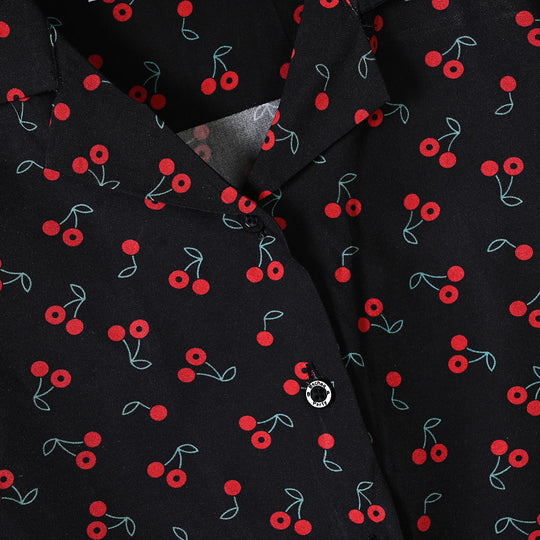 Girls Linen Viscose Nightwear-Cherry-BLACK