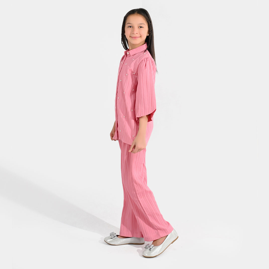 Girls Cotton Co-Ord Set (Solid) - Pink