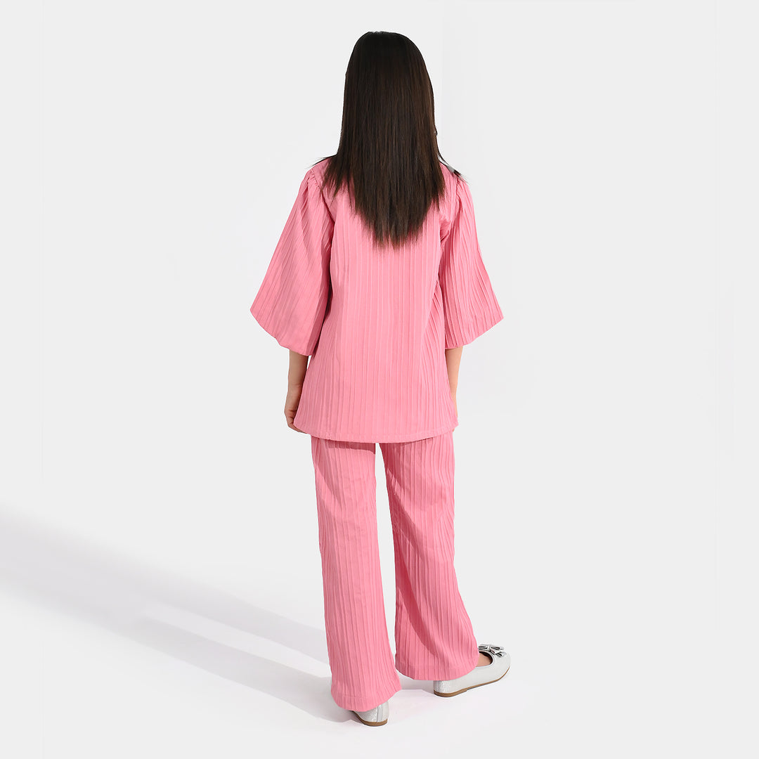 Girls Cotton Co-Ord Set (Solid) - Pink