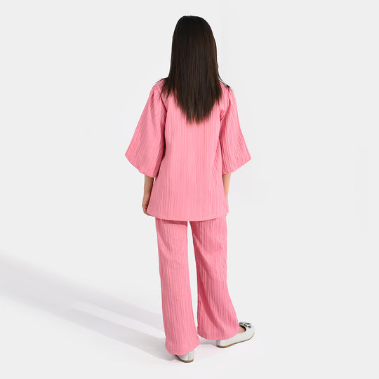 Girls Cotton Co-Ord Set (Solid) - Pink