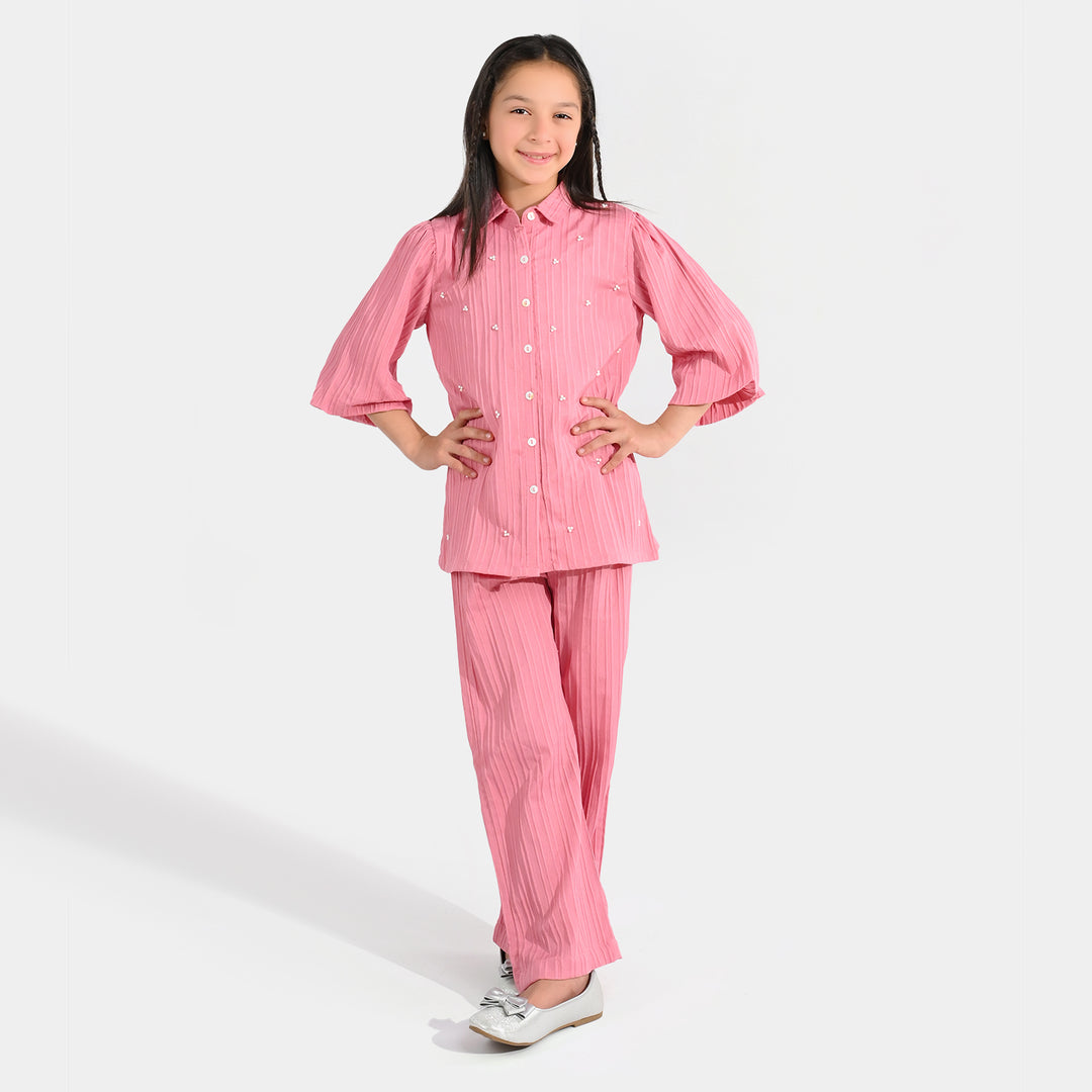 Girls Cotton Co-Ord Set (Solid) - Pink