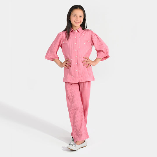 Girls Cotton Co-Ord Set (Solid) - Pink