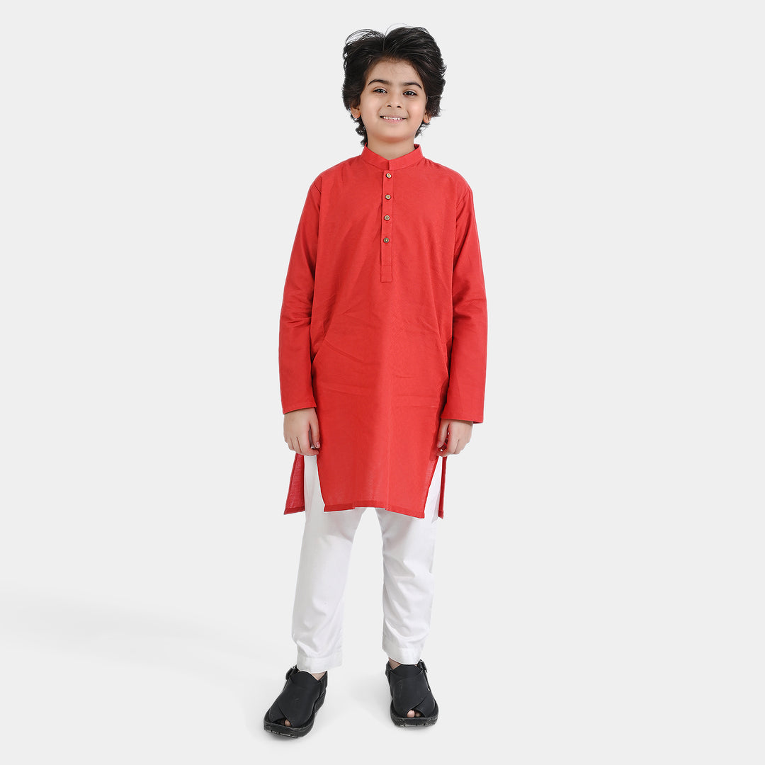 Boys Cotton Jacquard Basic Kurta-Red